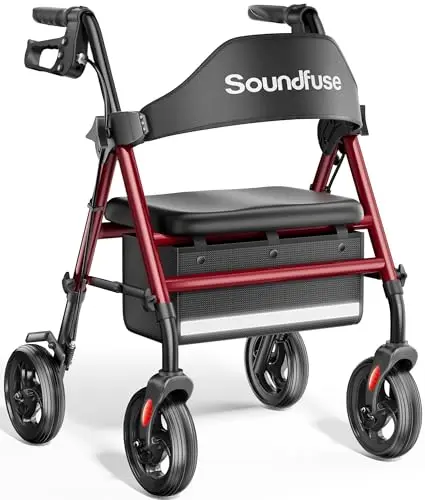 Soundfuse burgundy rollator walker with storage accessories