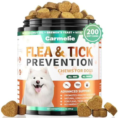 Carmelie natural flea and tick prevention soft chews for dogs with duck flavor