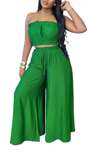 YUEWOO women's 2 piece outfit with ruffle top and wide leg pants in deep green