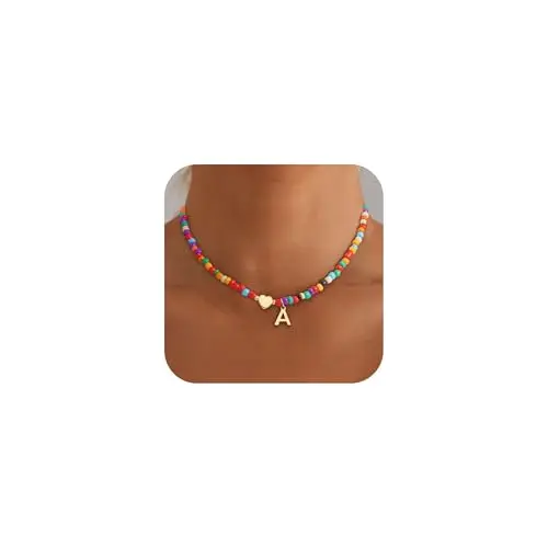 Eaciy initial necklace with colorful beads and gold letter charm