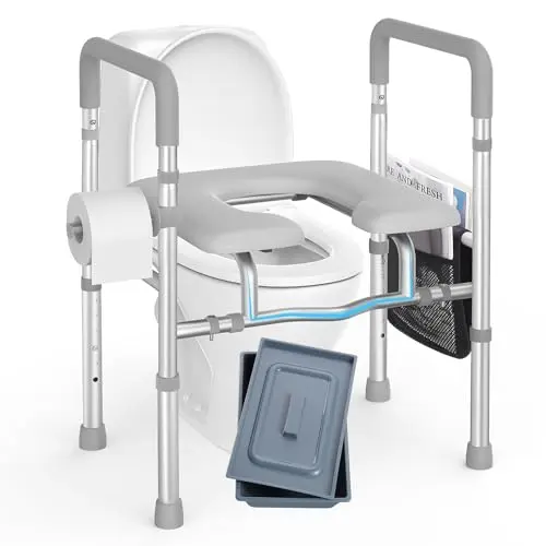Roylvan raised toilet seat with V-design opening and padded armrests