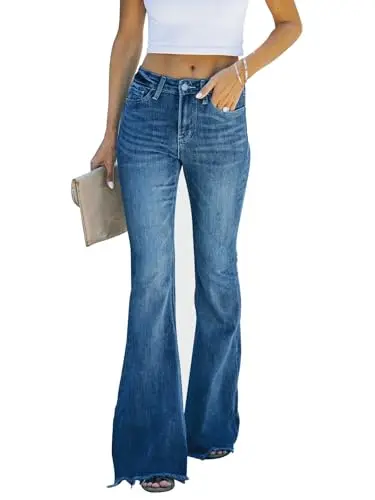 KUNMI Wide Leg Bootcut Jeans with high rise and frayed hemline detail