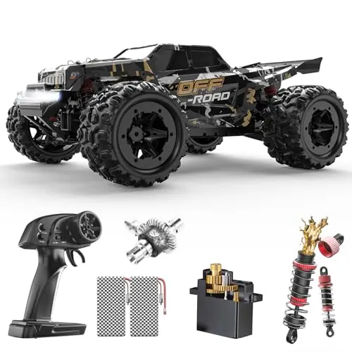 DEERC 9309E RC monster truck with LED lights on off-road course