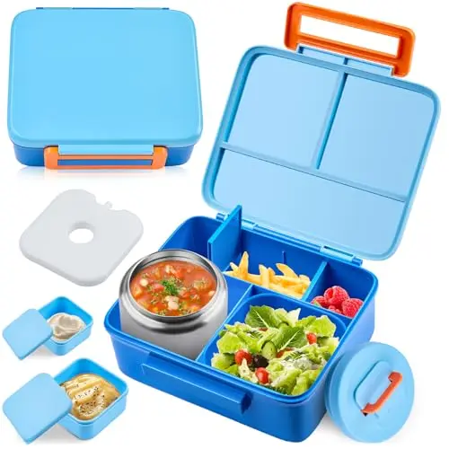 PIQUEBAR blue bento lunch box with thermos, ice pack, and dividers