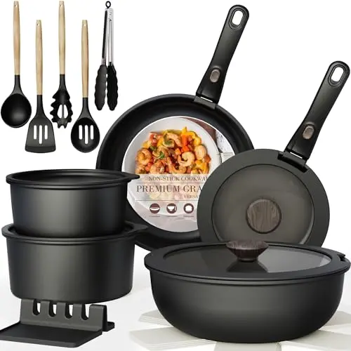 Astercook non-stick cookware set with removable handles for compact storage