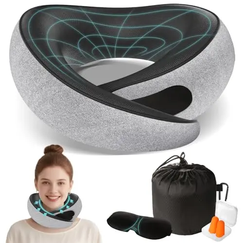 FIOGIKO ergonomic travel neck pillow with memory foam and included sleep accessories