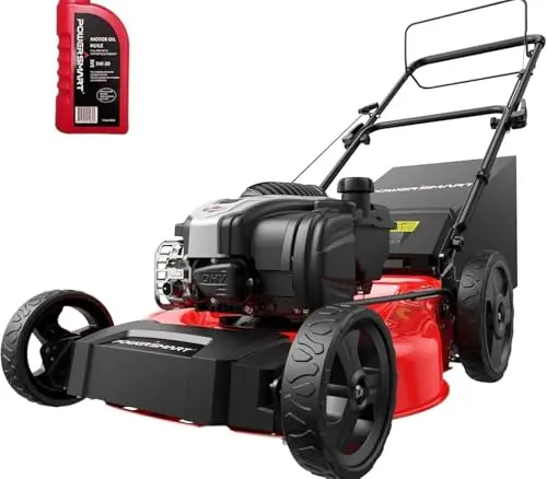 PowerSmart gas lawn mower on an incline