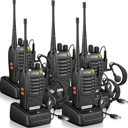 eSynic 5-pack walkie talkies with charging base and headsets