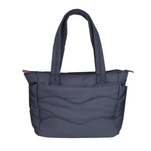 Puffy tote bag for women in black with quilted design and side pocket