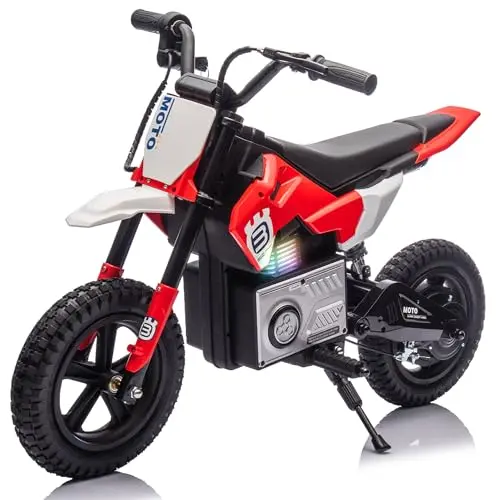 Bluefun electric motorcycle with red frame and colorful LED lights