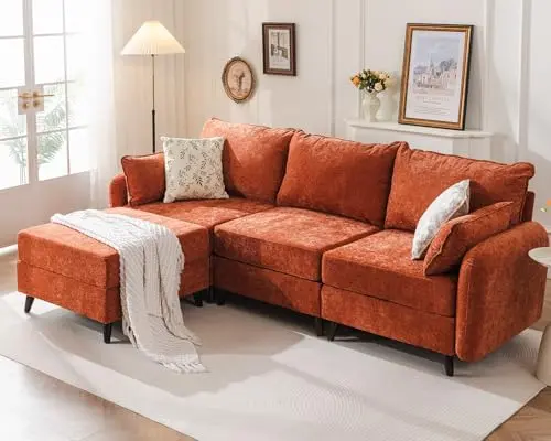 Rexulqo modular sectional sofa in orange velvet with under-seat storage