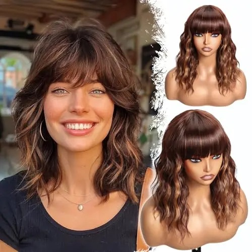 Aiivna short wavy bob wig with bangs in caramel reddish brown