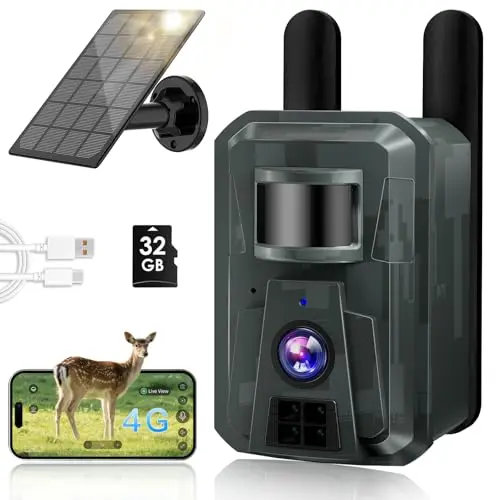 AXB 4G trail camera in black with solar panel and mounting strap