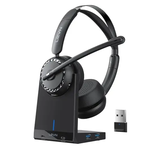 LEVN wireless headset with charging base and USB dongle