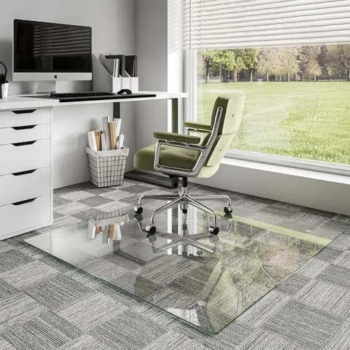 Koonmi tempered glass chair mat with rounded edges on carpet