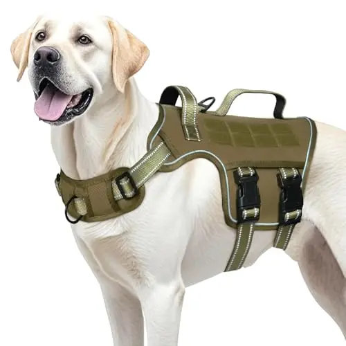 RunFido khaki tactical dog harness with MOLLE system and reflective strips