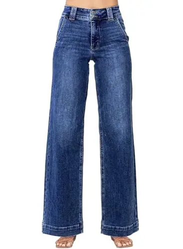 Astylish women's wide leg jeans in sail blue with high waist and tummy control