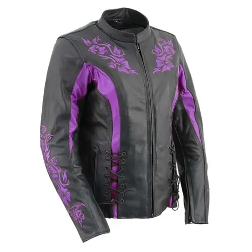 Milwaukee Leather women's black and purple embroidered motorcycle jacket with CE armor