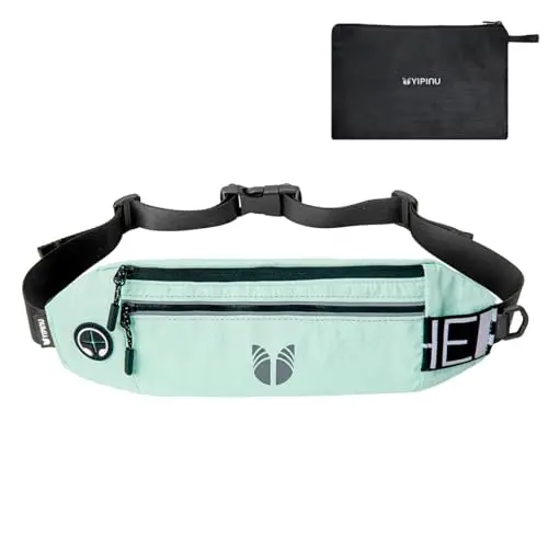 YIPINU slim running belt fanny pack in green with tri-compartment design