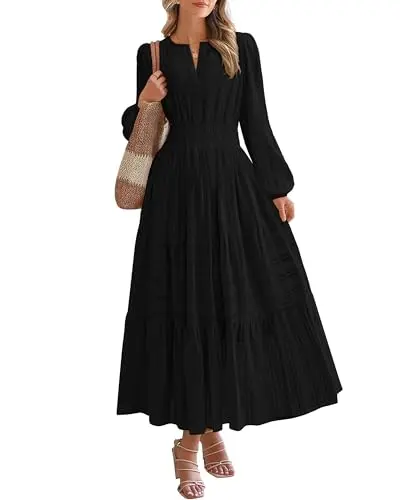 BTFBM women's long sleeve V-neck maxi dress with elastic waist and pockets