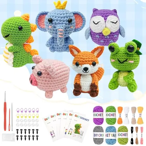 YHOYUJIA crochet kit with materials for making 6 different animal dolls