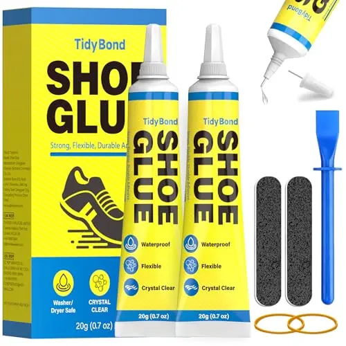 TidyBond shoe glue bottle with precision applicator and repair accessories