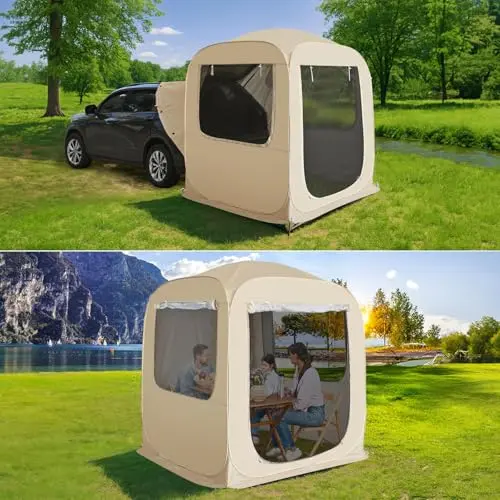 Alvantor pop-up screen house with mosquito netting and SUV attachment