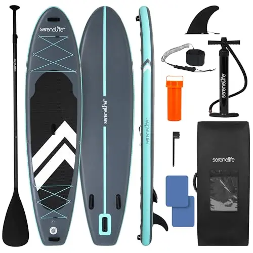 SereneLife 11 foot inflatable paddle board with gray non-slip deck