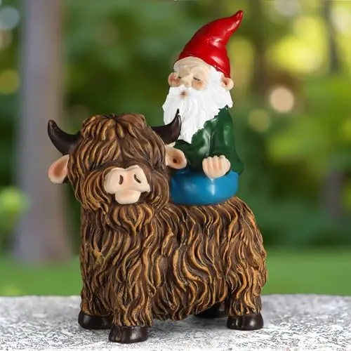 NAWAZA garden gnome on highland cow statue for outdoor or indoor decoration