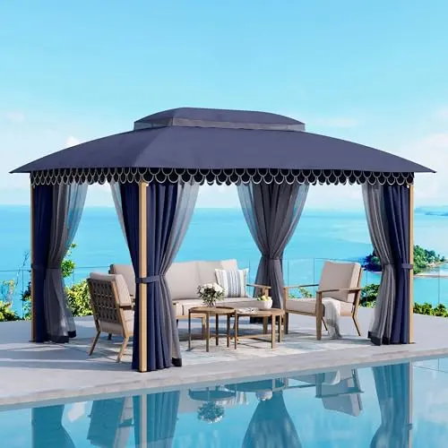 SUNSHINE VALLEY outdoor patio gazebo with dual-layer roof and navy blue canopy