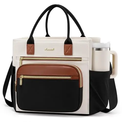 LOVEVOOK black and white insulated lunch tote with wide opening and cup holders