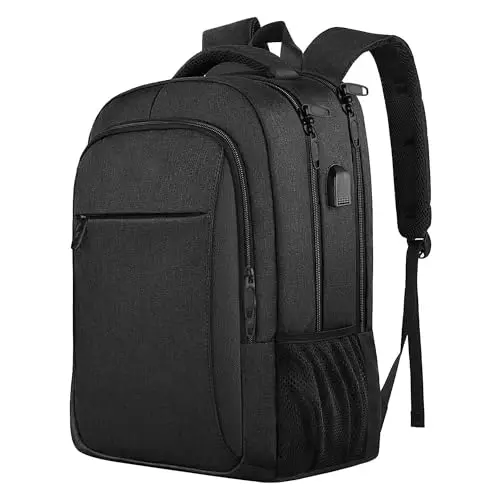 Large Travel Laptop Backpack in black with waterproof fabric and multiple compartments