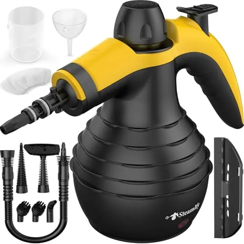 STEAMIFY black and yellow handheld steam cleaner with accessory kit