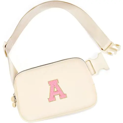 mibasies initial fanny pack in cream color with letter patch
