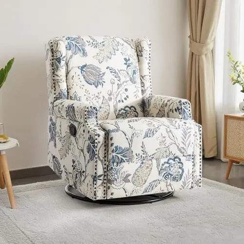 DREAMSIDEA floral pattern swivel rocker recliner in plants blue