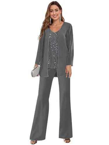 PETYOO women's grey pant suit set with sequin embellishments