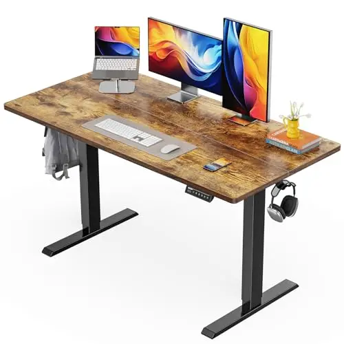 ErGear electric standing desk with vintage brown top and four memory presets