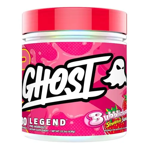 GHOST Legend Pre-Workout powder container in Bubblicious Strawberry Splash flavor