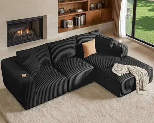 DURASPACE modular sectional sofa in black corduroy with cup holders